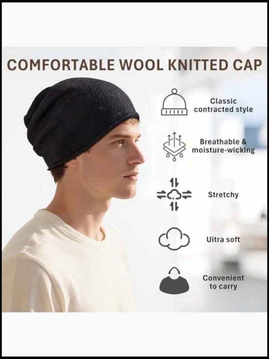 Pure Wool Slouchy Beanie Hat Seamless Knit Winter Skull Cap